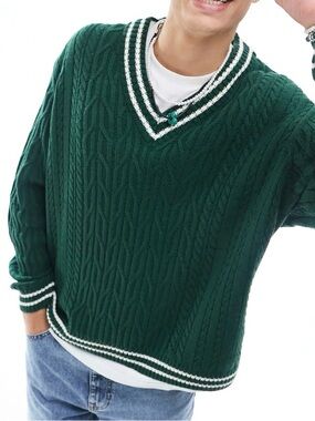 ASOS DESIGN Green & White V-neck Cable Knit Sweater Men’s Medium Oversized